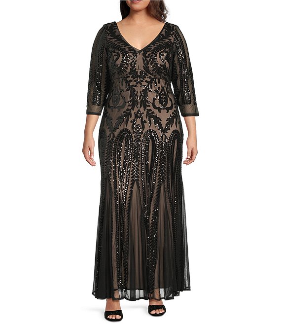 R & M Richards Plus Size Embroidered Sequin Power Mesh V-Neck 3/4 Sleeve Godet Skirt Gown, Black/Nude - Image 1