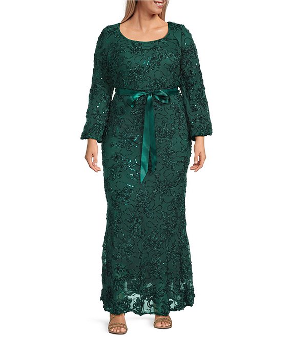 R & M Richards Plus Size Embroidered Soutache Sequin Power Mesh 3/4 Balloon Sleeves Gown, Hunter - Image 1