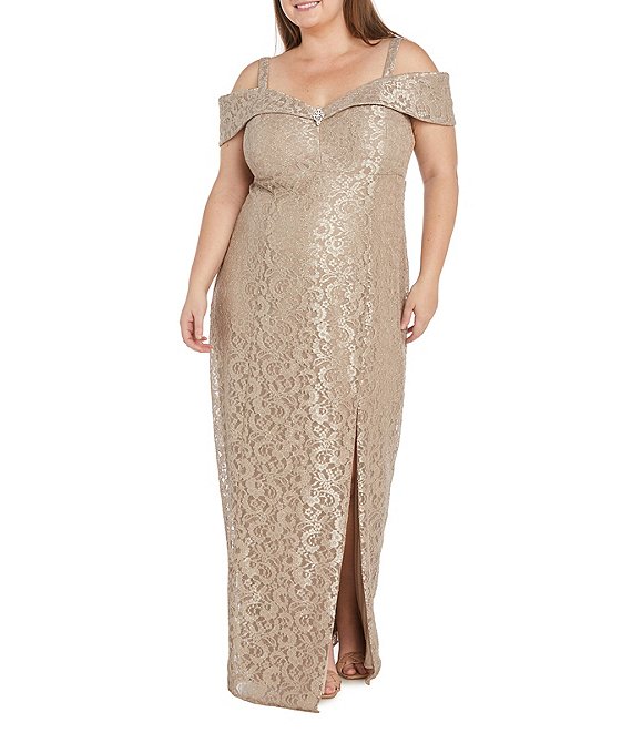 R & M Richards Plus Size Off The Shoulder Long Stretch Lace Dress, Champagne - Image 1