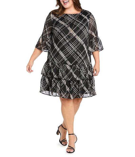 R & M Richards Plus Size Stripe Wet Print Satin Chiffon Short Bell Sleeve Tiered Hem Sheath Dress, Black/Multi - Image 1