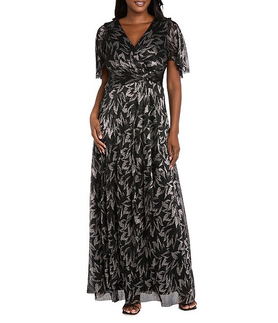 R & M Richards Printed Metallic Foil Sheer Knit Short Flutter Sleeve Gown, Black/Gunmetal - Image 1