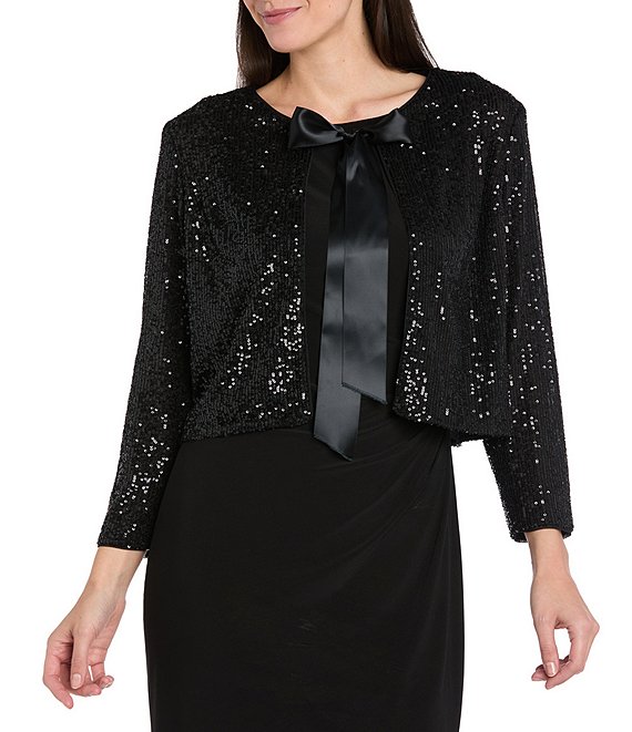 R & M Richards Sequin Power Mesh Long Sleeve Satin Bow Tie Front Coverup, Black - Image 1