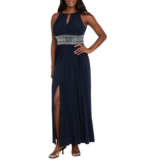 R & M Richards Sleeveless Halter Keyhole Neck Detail Waist Front Slit A-Line Gown, Navy - Image 1