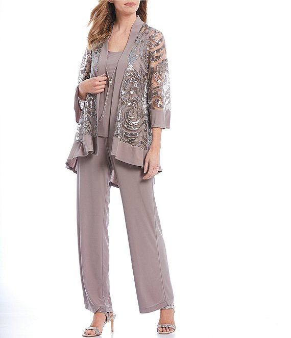 Color:Champagne - Image 1 - Swirl Sequin Jacket 3-Piece Pant Set