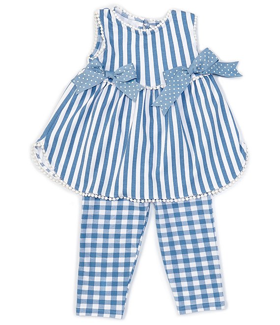 Color:Blue - Image 1 - Little Girls 2T-6X Side-Bows Stripe Top & Checked Leggings Set