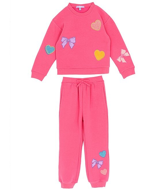 Rare Editions Little Girls Long-Sleeve Chenille-Patch PolarFleece Sweatshirt & Matching Jogger Pants Set, Pink - Image 1