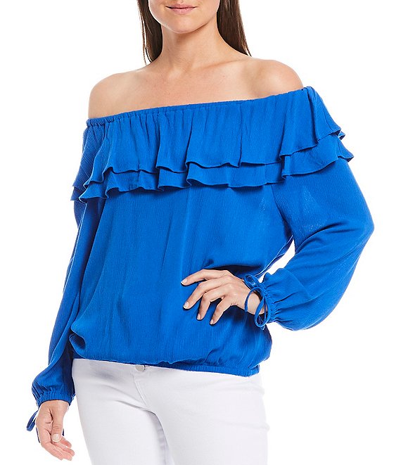Color:Blue - Image 1 - Woven Blouson Double Ruffle Off-The-Shoulder Long Sleeve Top