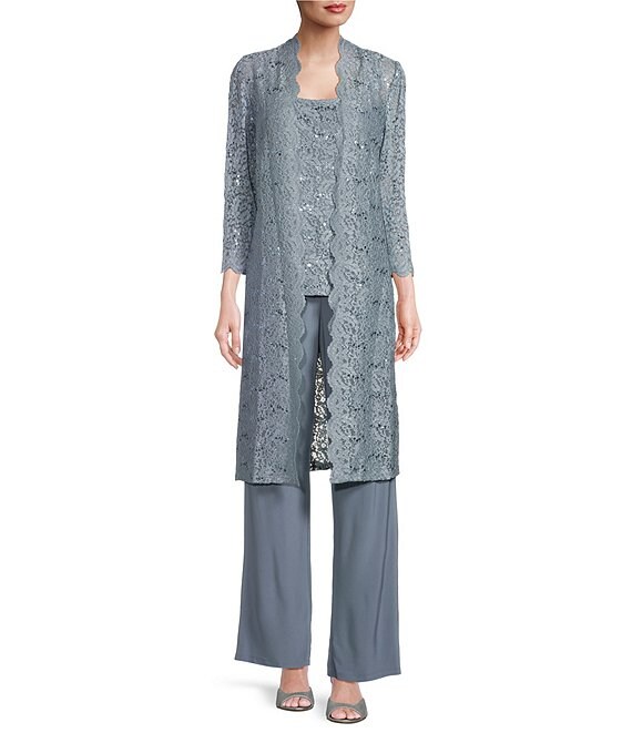 Color:Slate - Image 1 - 3-Piece Sequin Glitter Scallop Lace Duster Pant Set