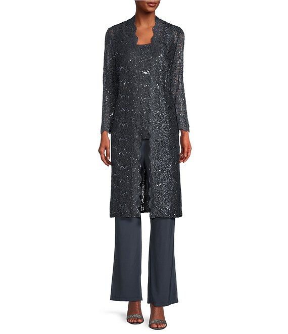 R & M Richards 3-Piece Sequin Glitter Scallop Lace Duster Pant Set