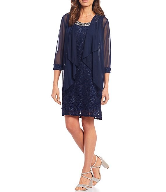 R&M Richards Beaded-Neck Glitter Lace 2-Piece Jacket Dress
