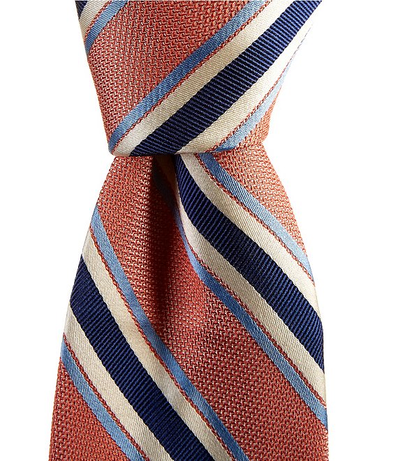 Roundtree & Yorke Big & Tall Fran Striped Print 3 3/8#double; Silk Tie, Coral - Image 1