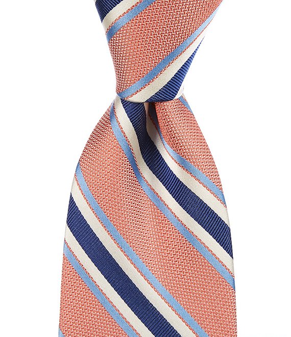 Roundtree & Yorke Fran Striped Print 3 3/8#double; Traditional Silk Tie, Coral - Image 1