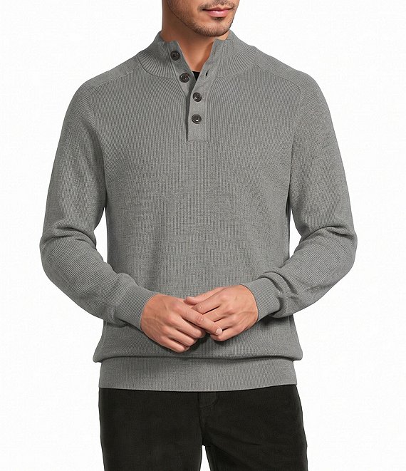 Roundtree & Yorke Long Sleeve Solid Button Mock Neck Sweater