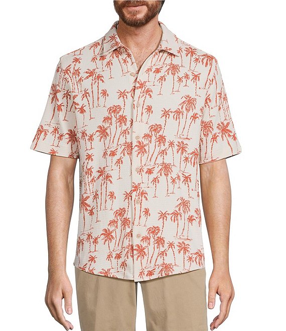 Roundtree & Yorke Short Sleeve Palm Print Coatfront Shirt, Stone - Image 1