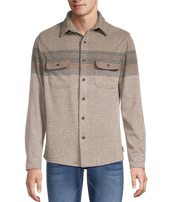 Rowm Long Sleeve Jacquard Engineered Stripe Button Front Shirt, Oatmeal - Image 1