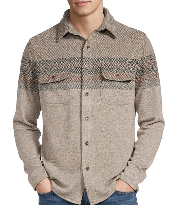 Rowm Long Sleeve Jacquard Engineered Stripe Button Front Shirt, Oatmeal - Image 1