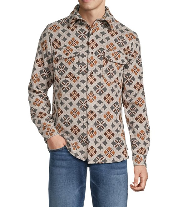 Rowm Long Sleeve Jacquard Multi Geo Print Button Front Shirt, Oatmeal - Image 1