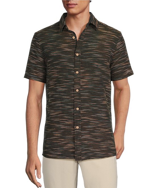 Rowm Outsider's Oasis Short Sleeve Space Dyed Textured Horizontal Striped Shirt, Black - Image 1