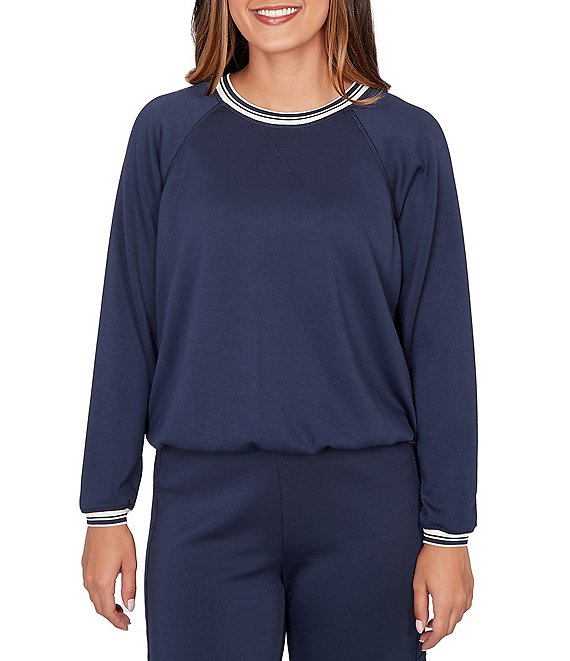 Ruby Rd. Contrast Stripe Crew Neck Long Raglan Sleeve Cinched Bubble Hem Knit Top, Navy - Image 1