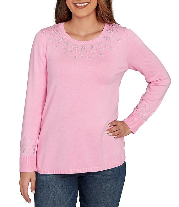 Ruby Rd. Embellished Sparkle Crew Neck Long Sleeve Knit Sweater, Pink - Image 1