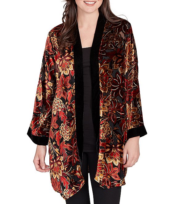 Ruby Rd. Floral Burnout Velvet Shawl Collar Bracelet Sleeve Open-Front Cardigan, Cherry Multi - Image 1