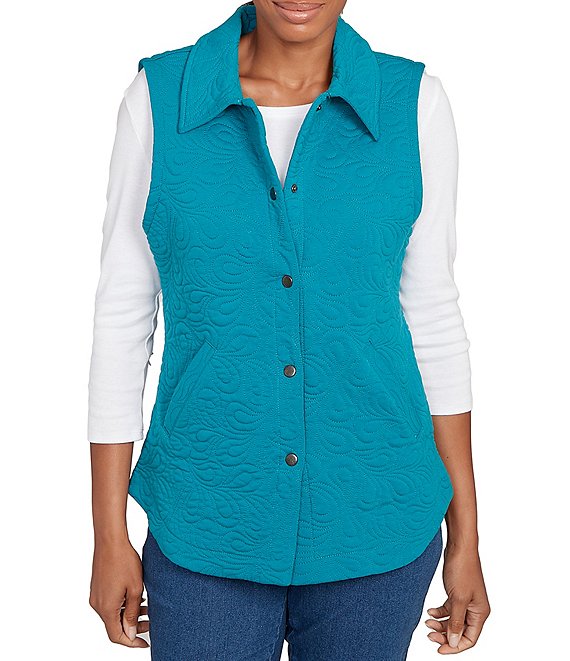 Ruby Rd. French Terry Quilted Point Collar Sleeveless Snap-Front Vest, Teal - Image 1