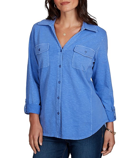 Ruby Rd. Garment Washed Point Collar 3/4 Roll-Tab Sleeve Button Front Shirt