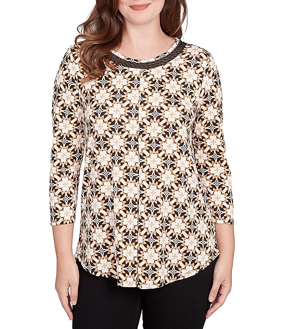Ruby Rd. Geometric Medallion Print Crew Neck 3/4 Sleeve Metallic Mesh Knit Top, Tan Multi - Image 1