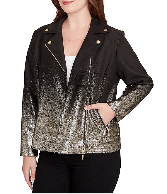 Ruby Rd. Gold Ombre Foil Faux Vegan Suede Notch Lapel Moto Jacket, Black Combo - Image 1