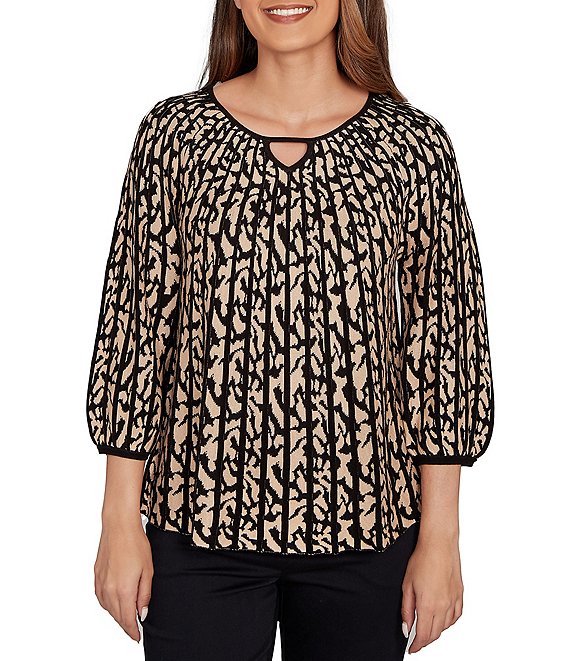 Ruby Rd. Gored Jacquard Textured Animal Print Keyhole Neck 3/4 Sleeve Sweater, Tan Multi - Image 1
