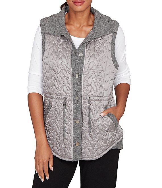 Ruby Rd. Mixed Media Drawstring Waist Button-Front Quilted Vest, Charcoal Heather - Image 1