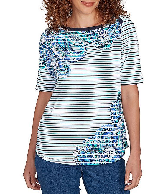 Ruby Rd. Paisley Stripe Envelope Neck Short Sleeve Top, Navy Multi - Image 1