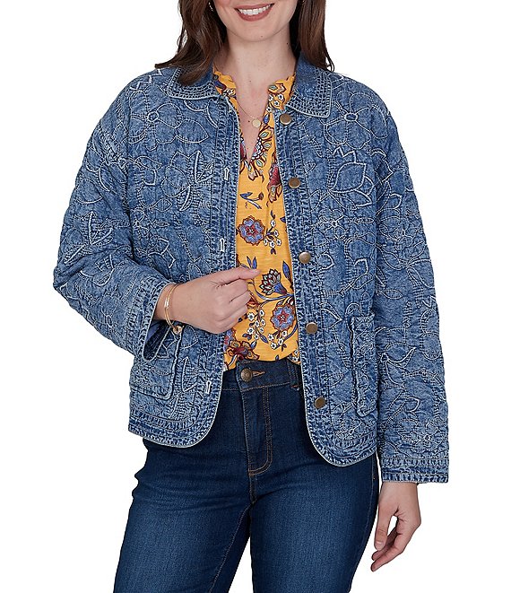 Ruby Rd. Petite Size Denim Floral Stritch Point Collar Long Sleeve Button Front Jacket