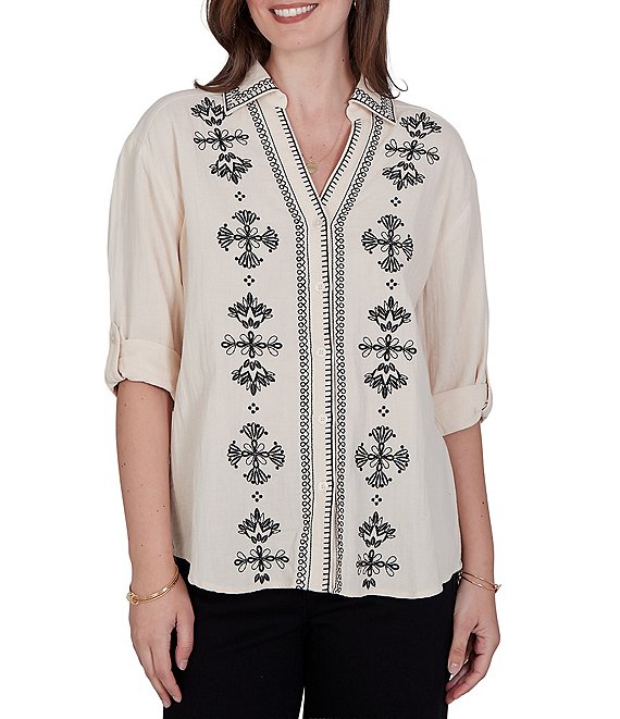 Ruby Rd. Petite Size Double Cotton Gauze Embroidered Point Collar 3/4 Roll-Tab Sleeve Button-Front Shirt