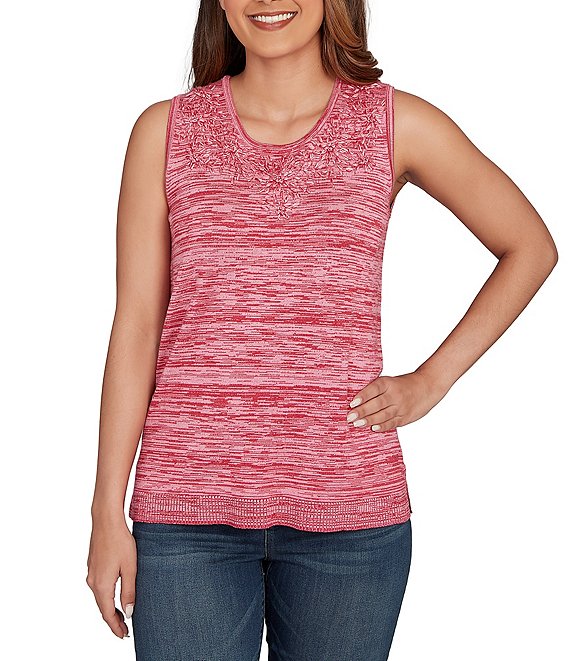Ruby Rd. Petite Size Embroidered Soft Marled Knit Scoop Neck Sleeveless Sweater Tank, Sangria - Image 1