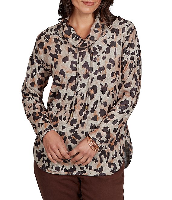 Ruby Rd. Petite Size Hatchi Knit Leopard Print Draped Drawstring Cowl Neck Long Sleeve Top