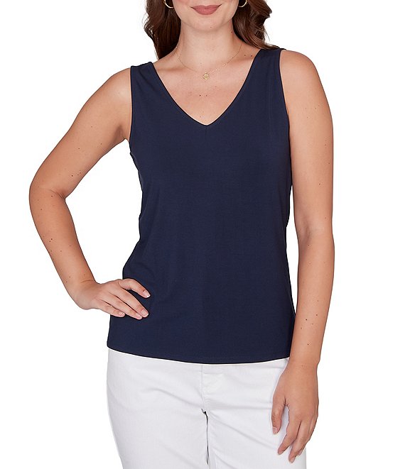 Ruby Rd. Petite Size Jersey Knit Reversible Neck Sleeveless Tank, Navy - Image 1