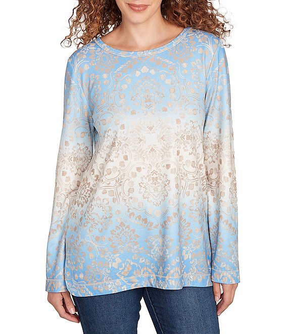 Ruby Rd. Petite Size Knit Medallion Scoop Neck Long Sleeve Top, Bluebell Multi - Image 1