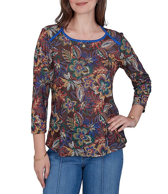 Ruby Rd. Petite Size Lightweight Knit Floral Scoop Neck 3/4 Sleeve Solid Trim Pullover