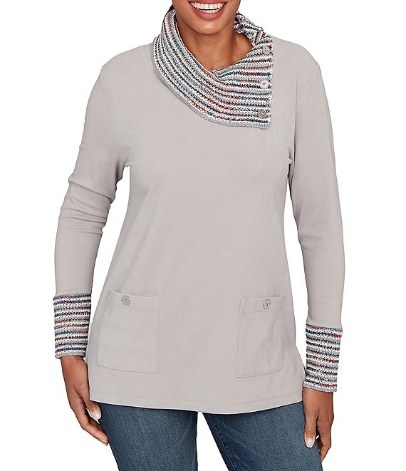Ruby Rd. Petite Size Luxe Knit Ribbed Split Cowl Neck Long Sleeve Top, Grey Heather Combo - Image 1