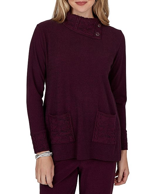 Ruby Rd. Petite Size Luxe Rib Knit Split Cowl Neck Long Sleeve Pullover