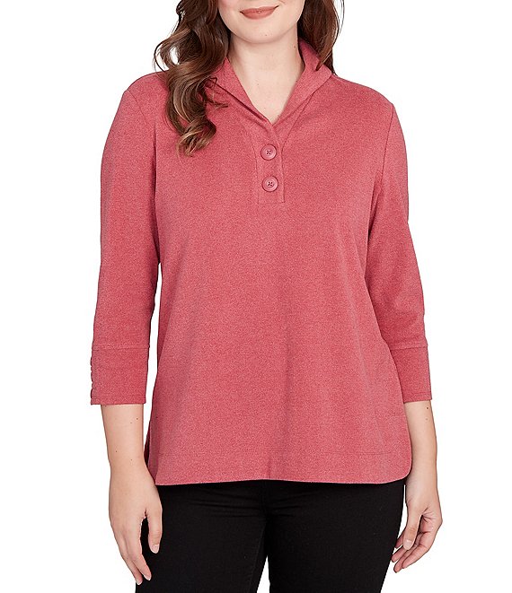 Ruby Rd. Petite Size Luxe Ribbed Knit Y-Neck 3/4 Sleeve Coordinating Top, Sangria - Image 1
