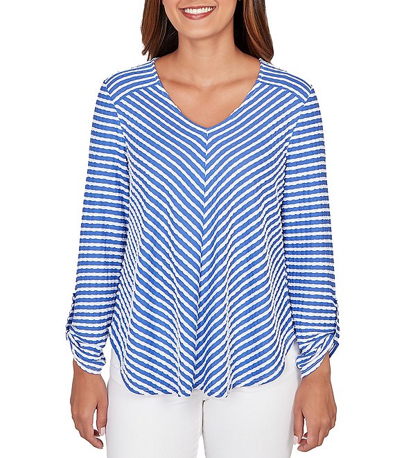 Ruby Rd. Petite Size Scalloped Stripe V-Neck 3/4 Roll-Tab Sleeve Top, Sea Blue - Image 1