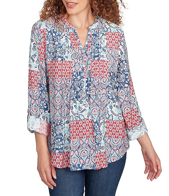 Ruby Rd. Petite Size Silky Voile Patchwork Split V-Neck Long Roll-Tab Sleeve Blouse, Indigo Multi - Image 1