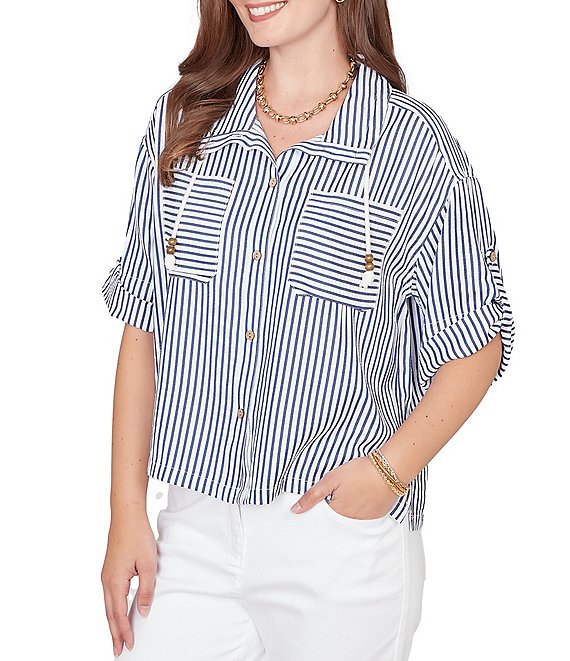 Ruby Rd. Petite Size Spliced Stripe Spread Collar 3/4 Roll-Tab Sleeve Button-Front Jacket