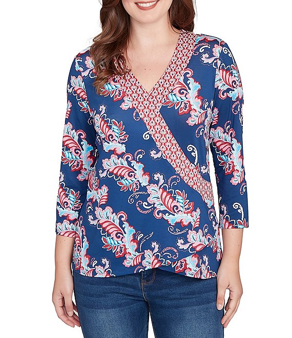 Ruby Rd. Petite Size Stretch Knit Floral Surplice V-Neck 3/4 Sleeve Top, Indigo Multi - Image 1