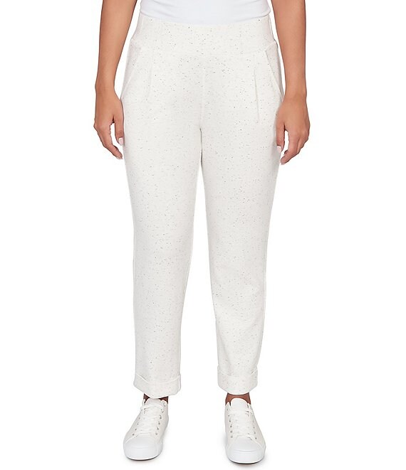 Ruby Rd. Petite Size Ultra-Soft Speckled Knit Pleated Cuffed Pull-On Pants, Ivory Multi - Image 1