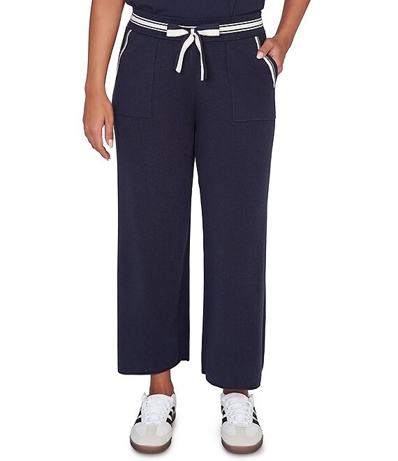 Ruby Rd. Petite Size Wide-Leg Contrast Striped Trim Pull-On Sweater Pants, Navy - Image 1