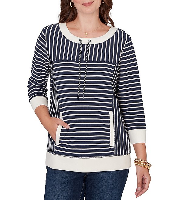 Ruby Rd. Petite Size Yarn-Dyed Stripe Scoop Neck 3/4 Sleeve Top, Navy/Multi - Image 1