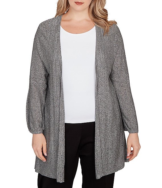 Ruby Rd. Plus Cozy Ribbed Ivory Black Multi 3/4 Sleeve Open-Front Cardigan, Ivory/Black Multi - Image 1